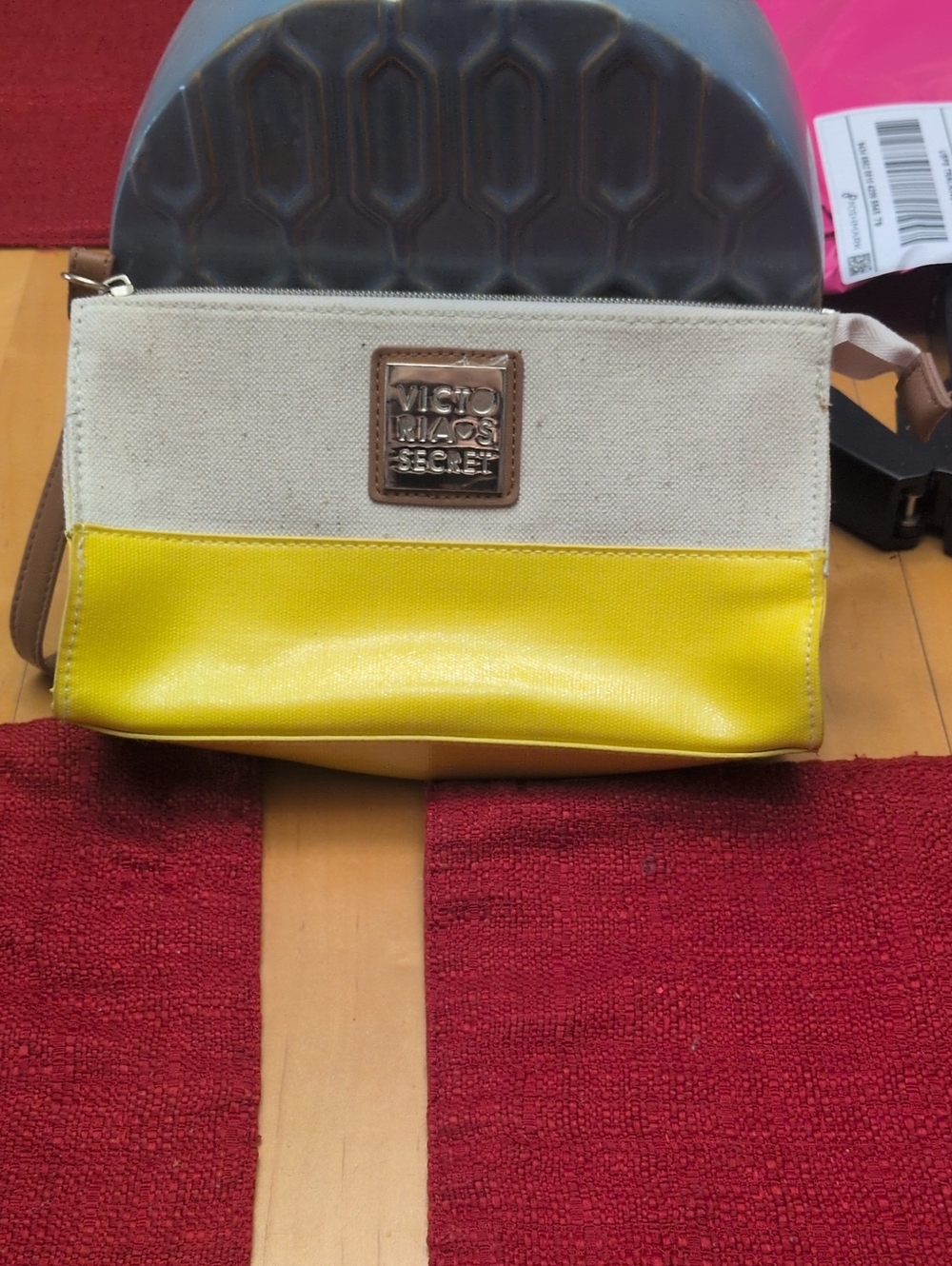 Victoria's Secret Yellow and Cream Canvas Wristlet/Makeup Bag